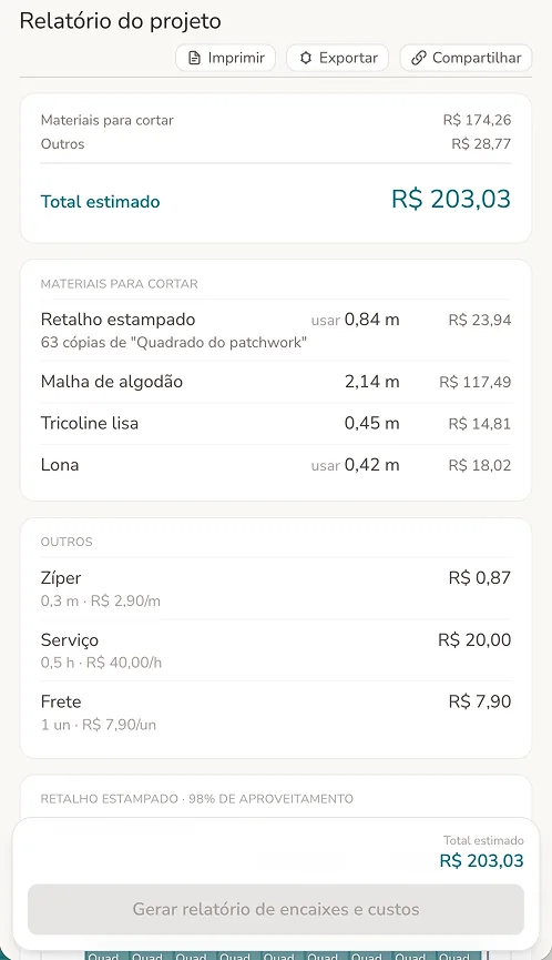 Relatório do projeto com metragem e custos